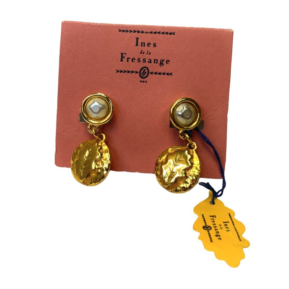 Ines de la Fressange Gold Embossed Leaf Crystal Round Earrings